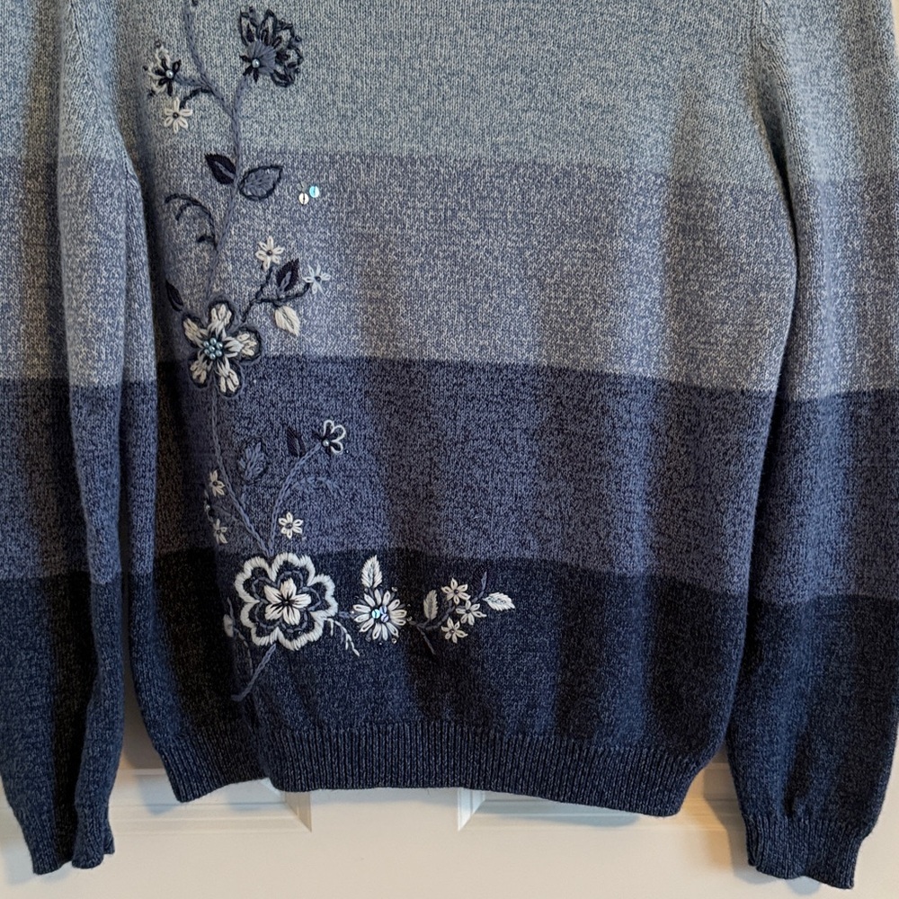 Alfred Dunner Cotton Blend Sweater Blue Colorblock Stripes Floral Embroidery MP - Picture 4 of 9